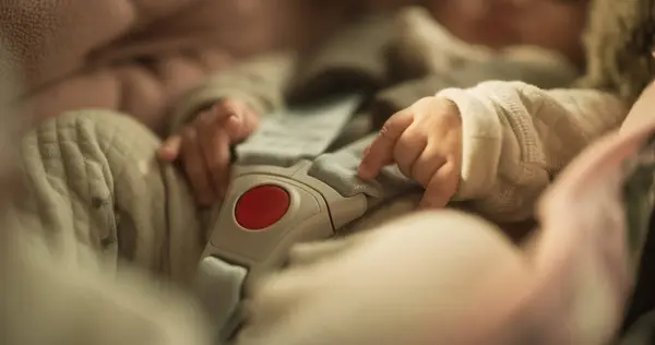 Tiro Lindo Bebé Asiático Sentado Tranquilamente Asiento Coche Con Cinturón — Foto de Stock