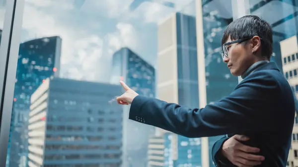 Stylish Japanese Businessman Riding Glass Elevator Office Modern Business Center — Stock Photo, Image