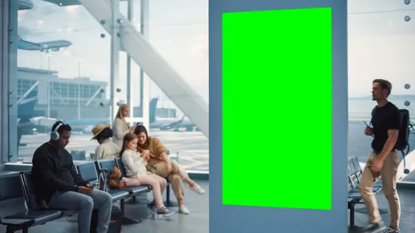 Flygplatsterminal Grön Skärm Reklam Billboard Ankomst Display Med Chroma Key — Stockfoto
