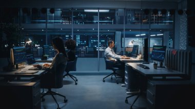 Akşamları Büyük Şehir Ofisi 'nde Masaların Arkasında Bilgisayarlar üzerinde çalışan çeşitli menajerler ekibi. Meslektaşlar Çalışma, Mali Raporlar Oluşturma, Oynamaya Devam Et