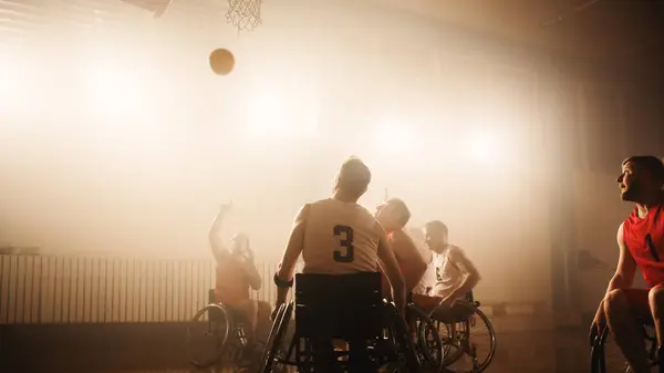 Wheelchair Basketball Game Professional Players Competing Fighting Ball Shooting Score Stok Foto