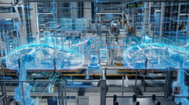 Side-View Car Factory Digitalization: Otomatik Robot Kollu Assembly Line Manufacturing High-Tech Sürdürülebilir Elektrikli Araçlar. Gelecekçi Yapay Zeka Bilgisayarı