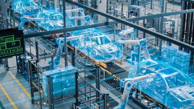 Araba Fabrikası Dijital Sanayi 4.0 Konsepti: Otomatik Robot Silahlanma Hattı Yüksek Teknoloji Yeşil Enerji Elektrikli Araçlar Üretimi. AI Bilgisayar