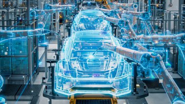 Front View Car Factory Digitalization: Otomatik Robot Silahlanma Hattı Yüksek Teknolojik Sürdürülebilir Elektrikli Araçlar Üretimi. Gelecekçi Yapay Zeka Bilgisayarı