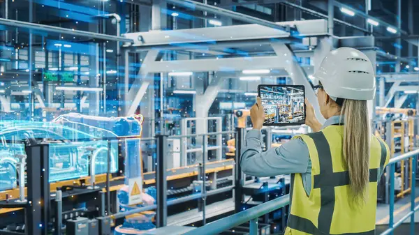 Futuristische Auto Fabrik Digitalisierung Industrie Automobilingenieurin Scannt Automatisierten Roboterarm Mit Stockbild