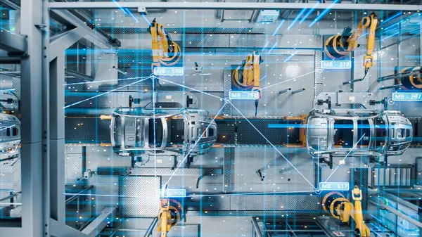 Conceptul Digitalizare Fabricii Mașini Aeriene Automatizat Robot Braț Asamblare Linie fotografii de stoc fără drepturi de autor