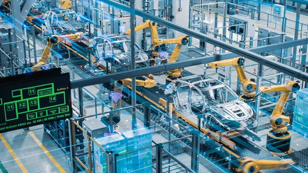 Bil Factory Digitaliseringsindustri Iot Concept Automatisert Robot Arm Assembly Line royaltyfrie gratis stockfoto