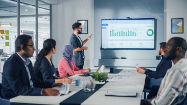 Çeşitli Ofis Konferans Odası Toplantısı: Başarılı İspanyol Üst Yöneticisi, e-Ticaret Yazılım Şirketi İstatistiklerini Bir Yatırımcı Grubuna Sundu