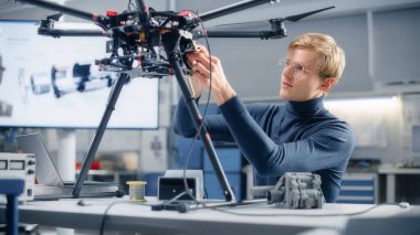 Genç Kafkas Erkek Mühendis İHA 'da İşlemci Yükledi ve Laptop' a Tipler yükledi. Modern Laboratuvarda İnsansız Hava Aracı Tasarımı