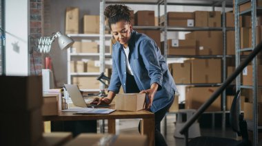 Warehouse Female Worker Using Laptop Computer, Preparing a Small Parcel for Shipping. African American Small Business Owner Working in Storeroom