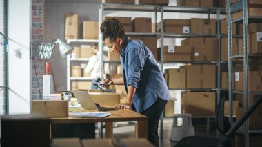 Inventory Manager Using Smartphone to Scan a Barcode on Parcel, Preparing a Small Cardboard Box for Postage. Black Multiethnic Small Business Owner