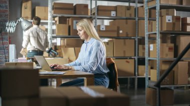 Small Business Owner Checks Stock and Inventory on Laptop Computer in the Retail Warehouse full of Shelves with Goods. Working in Logistics
