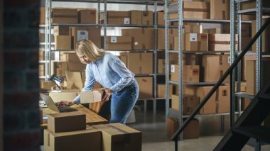 Inventory Manager Using Laptop Computer to Check Order Number on a Parcel, Preparing a Small Cardboard Box for Postage. Blond Female Small Business
