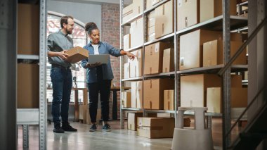 Small Business Owner and Employee Checking Stock and Inventory with Laptop Computer in Retail Warehouse full of Shelves with Goods. Working in