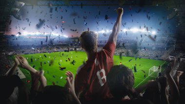Futbol Şampiyonası Maçı sırasında Stadyumda Taraftarları için Tezahürat Çekimi. Takım Gol Alıyor, Taraftarların Çığlığı, Kutlama