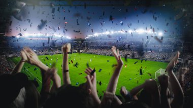 Futbol Şampiyonası Maçı sırasında Stadyumda Taraftarları için Tezahürat Çekimi. Takım Gol Alıyor, Taraftarlar Bağırıyor, Kutla