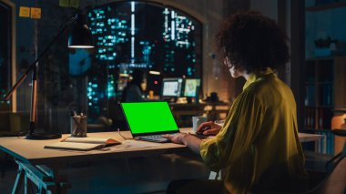Green Screen Mock Up Ekranı ile Dizüstü Bilgisayarda Çalışan Yaratıcı Çok Irklı Kadın. Başarılı Proje Yöneticisi İnternet Taraması, Yazma Görevleri