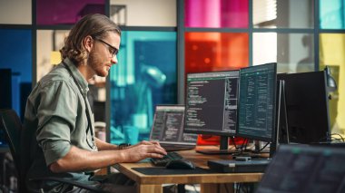 Erkek programcı masaüstü bilgisayarında birden fazla monitör kurulumu ve yaratıcı ofiste bir dizüstü bilgisayar ile kod yazar. Kafkas Adam Mobil Uygulamayı Geliştiriyor