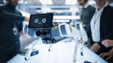 Yüksek Teknoloji Modern Endüstriyel Tesisinde Duran Gülümseyen Emoji Yüzlü Robot Köpek Prototipi. Endüstriyel Robot Ekibi