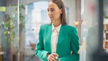 Kadın CEO Çeşitli Takım Üyeleri İçin Sunum Yapıyor, Bir Toplantıda Beyin Fırtınası Yapıyor. Gülümseyen Strateji Şefi Meslektaşlarını motive ediyor, Şirketi gösteriyor