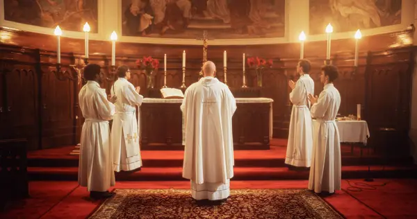 stock image Service in Church at the Altar Ministers Lead The Eucharist, Sacred Christian Ceremony remember Jesus Christ the Savior.Tradition and Belief of Holy