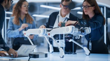 Profesyonel Kadın ve Erkek Mühendisler Çok Kültürlü Ekibi Fabrika Geliştirme Atölyesinde Endüstriyel Programlanabilir Robot Hayvanı Kullanıyor. Teknoloji Tesisi