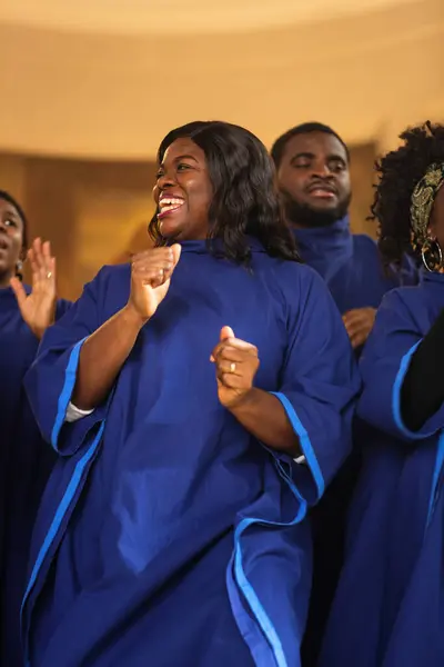 stock image Group Of Christian Gospel Singers Praising Lord Jesus Christ. Church Filled with Spiritual Message Uplifting Hearts. Music Brings Peace, Hope, Love