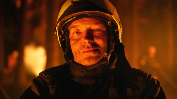 stock image Close Up Portrait of a Handsome Firefighter in Professional Uniform Looking at Camera, Sweat Running Across His Face. Young Fireman Posing During a