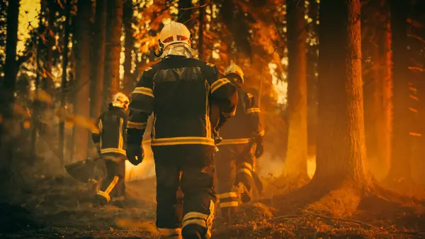 stock image Establishing Shot: Team of Firefighters in Safety Uniform and Helmets Extinguishing a Wildland Fire, Moving Along a Smoked Out Forest to Battle