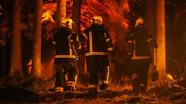 Stock image Diverse Squad of Male and Female Firefighters Trail Deep in a Forest to Stop a Wildland Fire from Spreading. Superintendent Giving Orders and