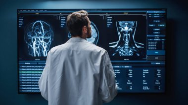 Tıbbi Hastane Araştırma Laboratuvarı: Televizyon ekranına bakan beyaz erkek nörolog, beyin taraması görüntülerini analiz eden, hasta için tedavi bulan. Sağlık