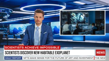 Split Screen TV Haberleri Canlı Haberler: Sunucu Konuşmaları. Uzay Görevindeki Astronot, Yeni Yaşanabilir Gezegen Hakkında Gerçekler Bildiriyor. Televizyon.