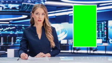 Split Screen TV News Live Report: Female Anchor Talks, Reporting. Reportage Montage with Picture in Picture Green Screen, Side by Side Chroma Key clipart
