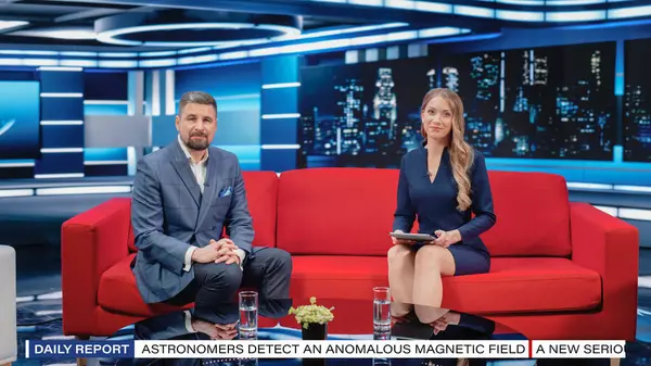 Talk Show TV Program: Two Professional Presenters Talk, Discuss News, Politics, Science, Celebrity and Entertainment. Cable Channel Host Interviews