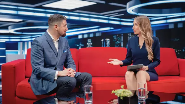 Talk Show TV Program: Two Professional Presenters Talk, Discuss News, Politics, Science, Gossip, Celebrity and Entertainment. Cable Channel Hosts Have