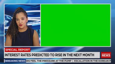 Split Screen TV News Live Report: Female Anchor Talks, Reporting. Reportage Montage with Picture in Picture Green Screen, Side by Side Chroma Key clipart