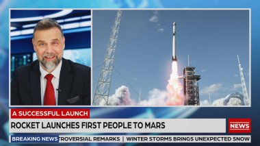 Split Screen TV Haberleri Canlı Haberler: Sunucu Görüşmeleri. İade Montajı: Uzay Seyahati, Astronot ve Kontrol Odasıyla Başarılı Roket Fırlatması