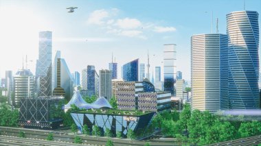 Gelecekçi Şehir Konsepti. Rendered Skyscrapers, Cozy Park, Uçan Araçlar ile Dijital Oluşturulmuş Modern Şehir Megapolis 'in Geniş Çekimi. Gündüz