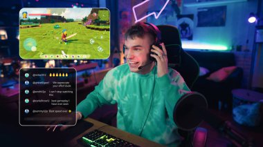 Hyped Streamer, Online Video Oyunu Oynuyor. Ev Oturma Odası Apartmanı 'ndan canlı MMO oyunu. İzleyiciler Bağlanıyor