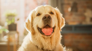 Sadık Golden Retriever Dog, Çatı Salonunda Evde Oturuyor, Kameraya Bakıyor. Üst Kalite Köpek Yetiştirme Şeceresi Örnekleri Göster