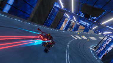 Chaotic City 'de Off-Road Racing Arcade video oyunu seti. Otobanda Araba Sürüşü, Sürüklenme ve Para Toplama 3D Render. VFX