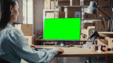Yeşil Ekran Kromakey Mock Up Görünümü ile Kadın Masaüstü Bilgisayarı Kullanımı. Dağıtım Deposunda çalışan Satış Müdürü ve Çalışanı