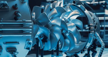 Yüksek Teknolojik Fütüristik Türbin Motoru. Birden fazla vantilatörü, kablosu, bağlantıları var. Teknolojik Gümüş Renkli Modern Tasarımlı Jet Motoru