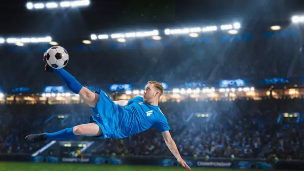 stock image Aesthetic Shot Of Athletic Caucasian Soccer Football Blue Team Player Doing Beautiful Overhead Kick On Stadium With Crowd Cheering. International