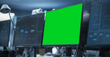 Bilgisayar Yeşil Ekranlı Boş Yazılım Geliştirme Ofisi Çalışma Yeri. Yapay Zeka ve Sinirsel Ağ Teknolojisinin Arka Ucu