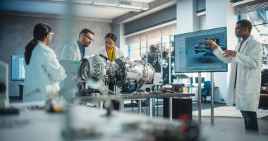 Çeşitli Profesyonel Jet Motoru Araştırmacıları Çalışmayı, Laptop Bilgisayarı Kullanmayı ve Motor İmalat Tesisindeki Planları Denetlemeyi Tartışıyor. Bilim adamları.