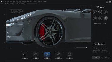 Profesyonel CAD Bilgisayar Yazılımının Dark Interface Mockup 'ı: Spor Araba Projesinin Düzenlenmesi. Gelecekçi Süper Araba Elektrikli Aracının Detaylı Modeli