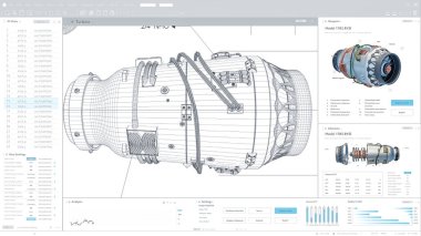 Mavi Yazılı Profesyonel CAD Bilgisayar Yazılımının Işık Arayüzü Şablonu ve Elektrik Gücü Yeşil Enerji Motorunun 3B Modeli