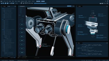 Programlanabilir Robot Asistanı 'nın 3D Modeli ile Profesyonel CAD Bilgisayar Yazılımının Karanlık Arayüz Modeli. Robotik köpeğin prototipine yakınlaş