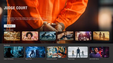 Streaming Service Web sitesinin arayüzü. Çevrimiçi Abone Sunucu TV Gösterileri, Kurgu Filmleri ve Podcast 'ler. Masaüstü Bilgisayarı için Ekran Değiştirme ve